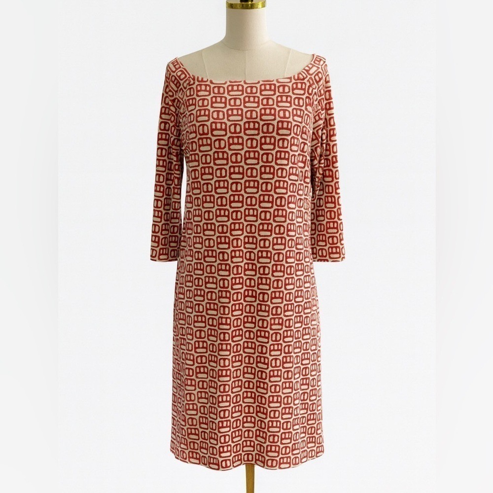 J McLaughlin Geo Print Dress Large Pink Orange 3/4 Sleeve Preppy Resort